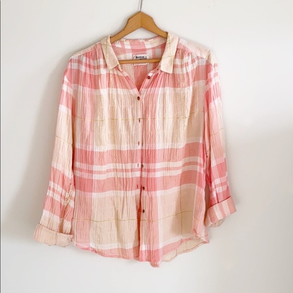 Anthro Holding Horses Peach Plaid Button Down Top - Picture 3 of 11